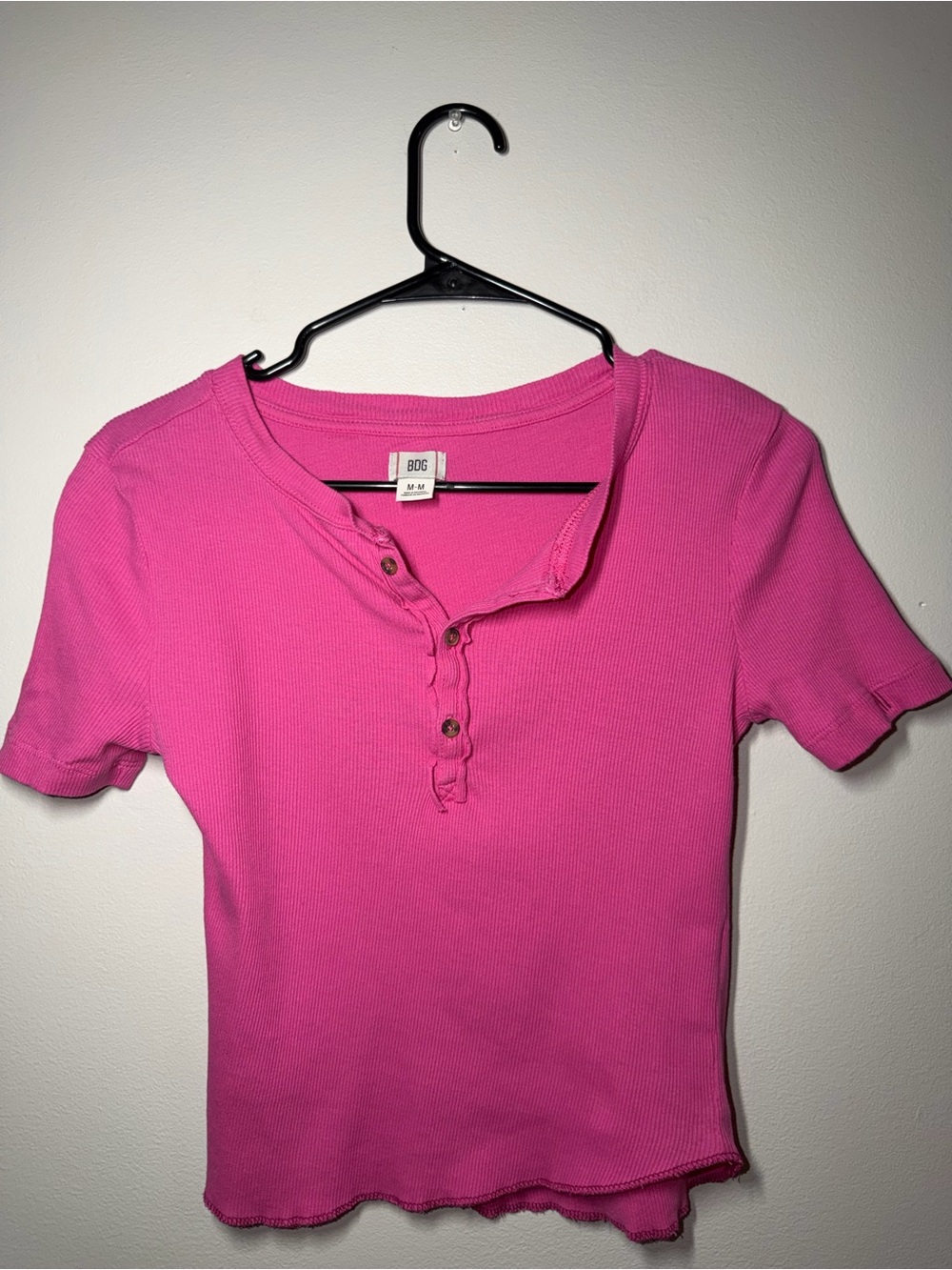 BDG Hot Pink Ribbed Henley Short Sleeve Crop Top